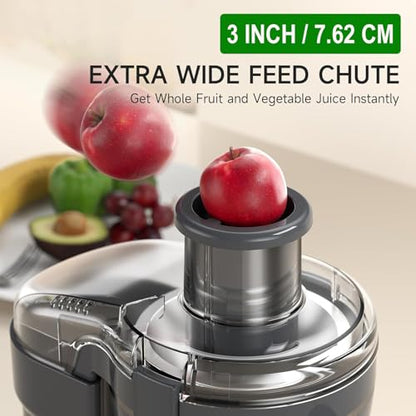 Juicer Machine, 500W Centrifugal Juicer Extractor with 3 Speed & Wide Mouth 3” Feed Chute for Fruit Vegetable, High Yield Juicer Included Cleaning Brush for Easy to Clean, Gray