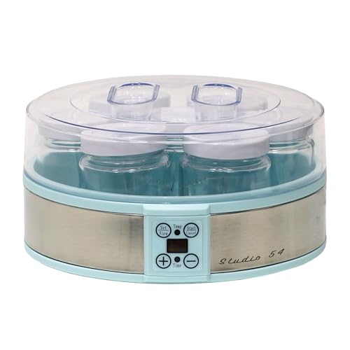 Studio 54 Yogurt Maker Machine with 7 Reusable Glass Jars (6oz Each), Probiotic Greek Yogurt Maker with Precise Time & Temperature Controls, Retro Blue Digital Yogurt Maker