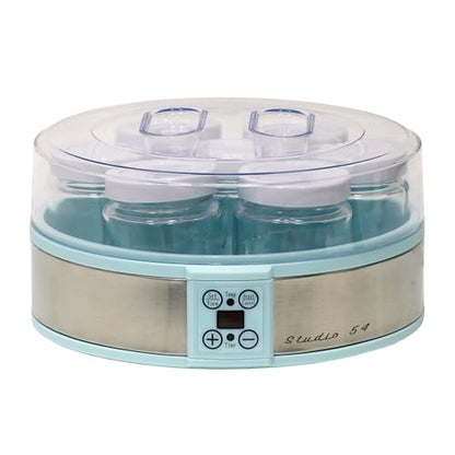 Studio 54 Yogurt Maker Machine with 7 Reusable Glass Jars (6oz Each), Probiotic Greek Yogurt Maker with Precise Time & Temperature Controls, Retro Blue Digital Yogurt Maker