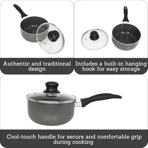 IMUSA Gray Ceramic Saucepan 1.5 Qt with Glass Lid, Nonstick with Cool-Touch Handle, Small Pot for Sauces, Soups, Stews and More