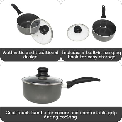 IMUSA Gray Ceramic Saucepan 1.5 Qt with Glass Lid, Nonstick with Cool-Touch Handle, Small Pot for Sauces, Soups, Stews and More