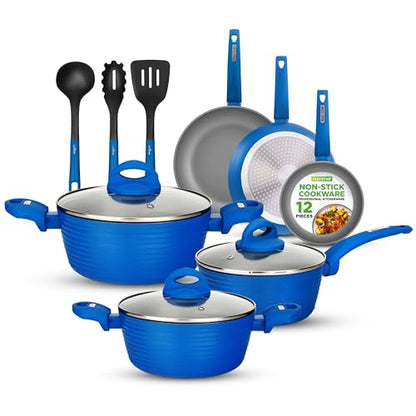 NutriChef 12 Piece Nonstick Cookware Set - PFOA/PFOS-Free Heat Resistant Lacquer Kitchen Ware Pots and Pans Set - Induction Ready Cookware Includes Saucepot, Pans, Cooking Pot Oven Pot, Lid, Utensils