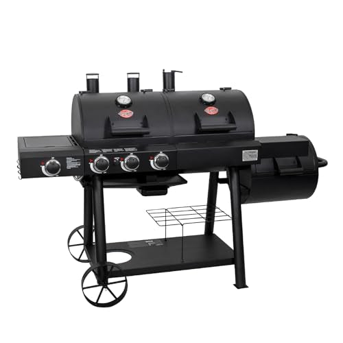Char-Griller® Texas Trio 3-Burner Gas & Charcoal Grill and Smoker, Push Button to Ignite, Dual temperature Guages, Side Burner, Includes Side Firebox, 1,390 Cooking Square Inches, Black, Model# 3070