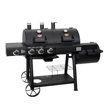 Char-Griller® Texas Trio 3-Burner Gas & Charcoal Grill and Smoker, Push Button to Ignite, Dual temperature Guages, Side Burner, Includes Side Firebox, 1,390 Cooking Square Inches, Black, Model# 3070