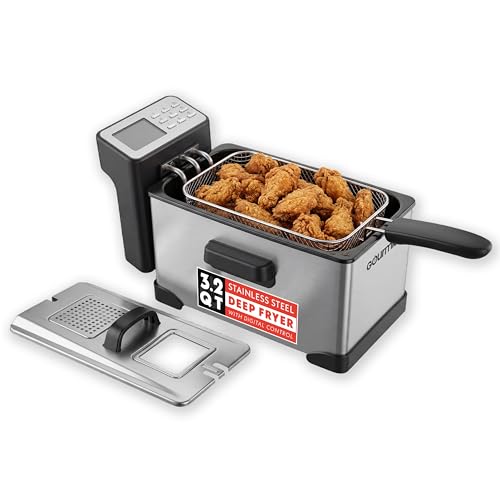 Gourmia 3.2 Qt Countertop Deep Fryer – Electric Oil Fryer with Digital Display, Adjustable 280°F–380°F Temperature Control, Viewing Window, Odor Filter Lid & Magnetic Safety Cord
