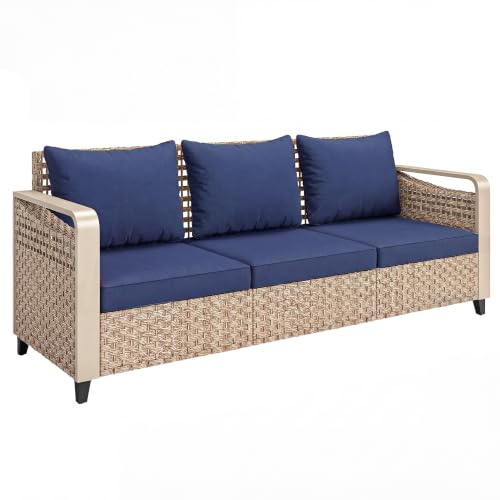 Outsunny Outdoor Patio Couch Wide Deep Seat 3 Seater Wicker Dark Blue