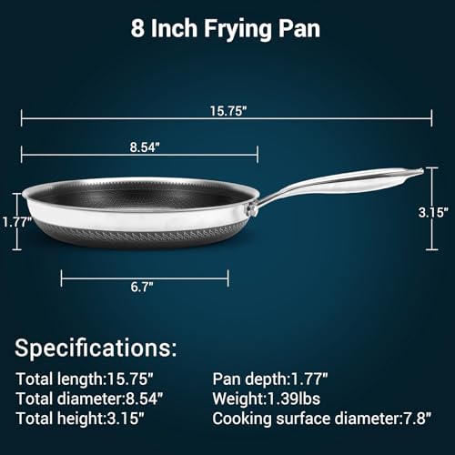 Legacy Culinaryware 8 Inch Tri-Ply Stainless Steel Hybrid Frying Pan, Ceramic Nonstick Skillet, Induction & Oven Safe 600°F, PFAS/PFOA Free Professional Clad Cookware