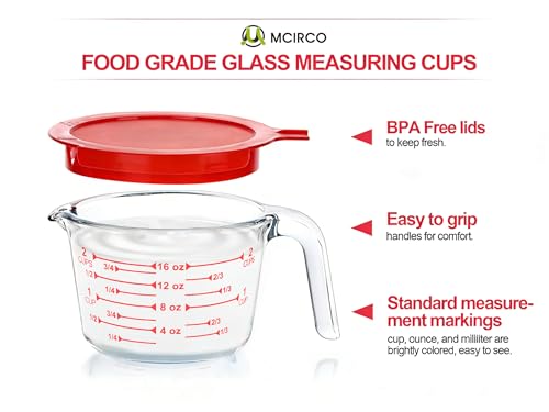 M MCIRCO 6 Pcs Glass Measuring Cups with Lids Set, 1-Cup, 2-Cup, 4-Cup Measuring Jugs with Handle, Nesting Liquid Measuring Cups for Kitchen