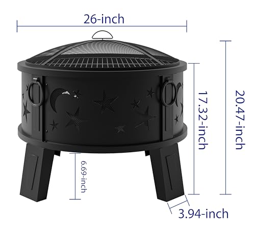 Kingson 26" Outdoor Fire Pit with Grill & Mesh Cover, Wood Burning Steel Firepit with Poker & Star Spark Screen, Heavy Duty Patio Fire Bowl for Backyard, Camping & Garden