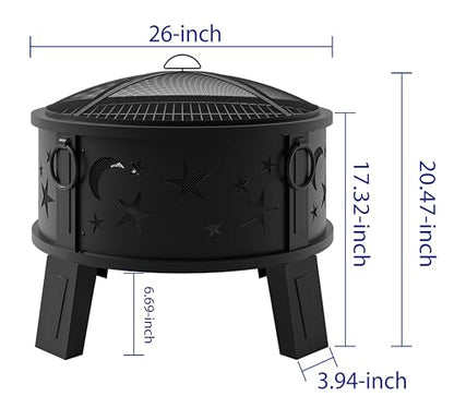 Kingson 26" Outdoor Fire Pit with Grill & Mesh Cover, Wood Burning Steel Firepit with Poker & Star Spark Screen, Heavy Duty Patio Fire Bowl for Backyard, Camping & Garden