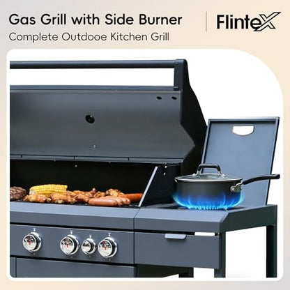Flintex 6-Burner Propane Gas Kitchen Grill Island with Side Burner,72,000 BTU Stainless Steel BBQ Outdoor Griddle Grill Combo with LPG/NG Convertible and Storage Cabinets & Fold-out Table, Gray