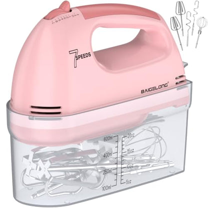BAIGELONG Hand Mixer. 7-Speed Adjustable Kitchen Electric Mixer. With 5 Stainless Steel Attachments: 2 Hooks, 2 Beaters, 1 Whisk. Comes 1 Storage Box. Perfect for Bakers and New Starters. Pink
