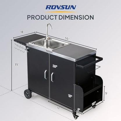 ROVSUN Outdoor Grill Cart with Sink, 304 Stainless Steel Sink, Movable Prep Table w/Cabinet, Rolling Kitchen Island w/Spice Rack and Hooks, Paper Racks for Backyard Cooking, Patio, Gardens