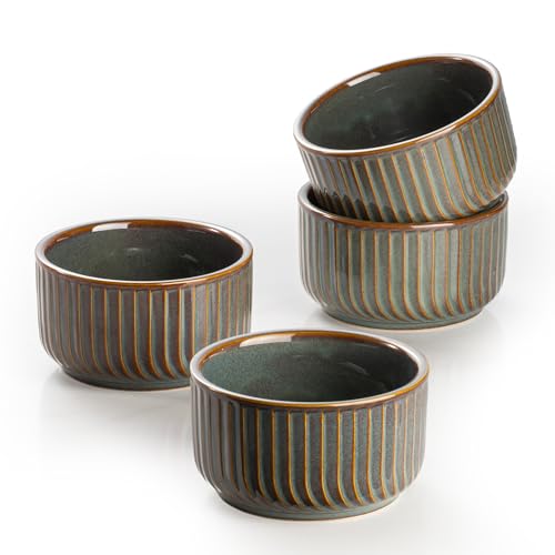 DAFUCERAMIC Ramekins 8 oz Oven Safe, Porcelain Creme Brulee Ramekins Pudding Custard Cups Small Ceramic Souffle Dishes Baking Bowls Set of 4 (GREEN BLUE)