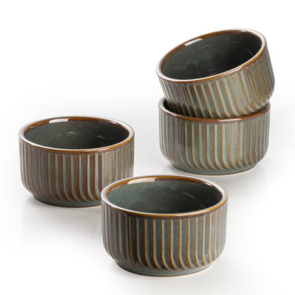 DAFUCERAMIC Ramekins 8 oz Oven Safe, Porcelain Creme Brulee Ramekins Pudding Custard Cups Small Ceramic Souffle Dishes Baking Bowls Set of 4 (GREEN BLUE)