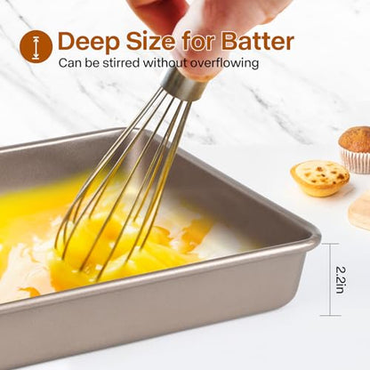 Barlket Deep Baking Pans Set, 3-Pieces Rectangle Cake Pan, Nonstick Carbon Steel Roasting Pans, 9/11/13 Inch, Lasagna Pan with 1.6-2.3 Inch Deep Size, Heavy Duty Stackable Oven Baking Trays, Gold