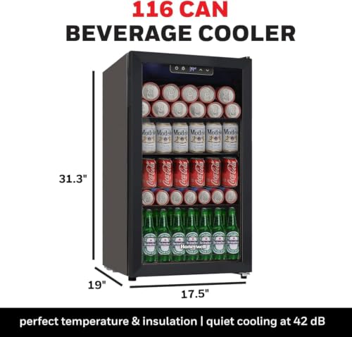 Honeywell Beverage Refrigerator and Cooler, 116 Can Mini Fridge with Glass Door for Soda Beer or Wine for Office or Bar with Adjustable Removable Shelving, Commercial Grade