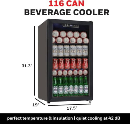 Honeywell Beverage Refrigerator and Cooler, 116 Can Mini Fridge with Glass Door for Soda Beer or Wine for Office or Bar with Adjustable Removable Shelving, Commercial Grade