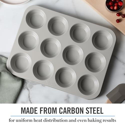 Martha Stewart Gallen 12-Cup Nonstick Carbon Steel Muffin and Cupcake Pan – Cool Grey, Durable Bakeware for Even Baking and Easy Release