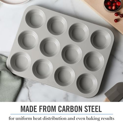 Martha Stewart Gallen 12-Cup Nonstick Carbon Steel Muffin and Cupcake Pan – Cool Grey, Durable Bakeware for Even Baking and Easy Release