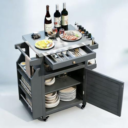Girarvs Outdoor Grill Cart with 304 Stainless Steel Tabletop and Storage Cabinets, Movable Kitchen Island with 360 Lockable Wheels for BBQ Food Prep, Solid Wood Outdoor Kitchen Station(Dark Gray)
