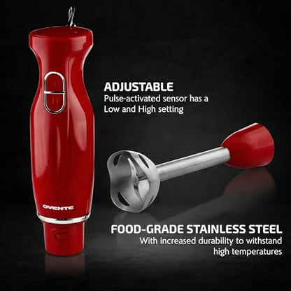 OVENTE Immersion Hand Blender, 300W Electric Handheld Stick Mixer with 2 Mixing Speeds and Stainless Steel Blades for Smoothies, Purees & Baby Food, Red HS560R