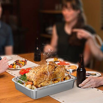 Onlyfire Roasting Pan with U-Rack - Stainless Steel Barbecue Bakeware Roaster, 16 Inch Rectangular Turkey Roaster Lasagna Pan for Roasting Turkey, Chicken, Meat & Vegetables, Oven Safe