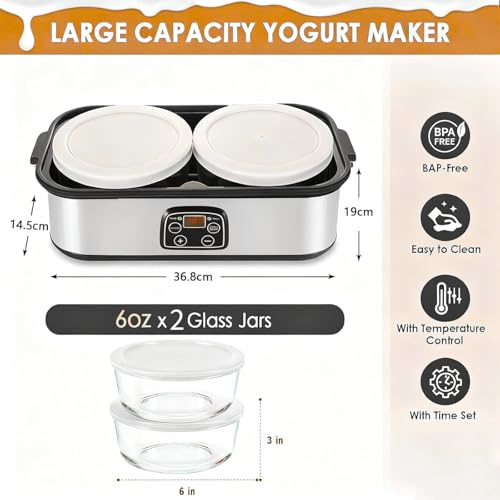 2L Probiotic Yogurt Maker with Two 1L Glass Containers for Larger Batches Yogurt Maker with Adjustable Time & Temp Control Probiotics Stainless Steel Yogurt Making Machine for Homemade Yogurt Dessert