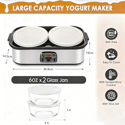 2L Probiotic Yogurt Maker with Two 1L Glass Containers for Larger Batches Yogurt Maker with Adjustable Time & Temp Control Probiotics Stainless Steel Yogurt Making Machine for Homemade Yogurt Dessert