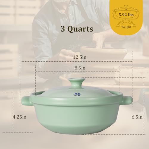 Magnifique 3 Quart Flami Pot with Lid, Natural Clay Pot for Cooking, Non-Toxic PFAS-Free Casserole Dish for Oven & Stovetop, Dutch Oven for Slow Cooking, Baking & Serving, Mint