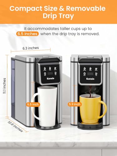 Karosie Hot & Iced Single Serve Coffee Maker for K Pod and Grounds, 6-14 Oz Brew Sizes, 50oz Removable Tank, Single Cup Coffee Maker with Descaling Reminder, Stainless Steel, Black