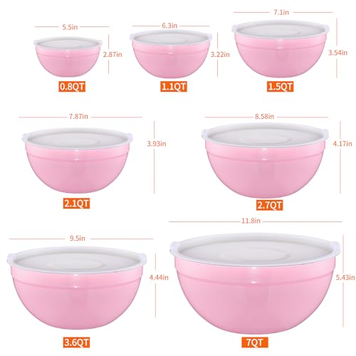 Moxinox Pink Mixing Bowls with Airtight Lids, Stainless Steel Nesting Mixing Bowls Set of 7, Ideal for Baking, Prepping and Serving Food, Size 7, 3.6, 2.7, 2.1, 1.5, 1.1,0.8 QT, Stackable Design