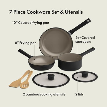 bella 7 Piece Cookware Set with EverGood™ Ceramic Nonstick Coating, Dishwasher Safe Oven Safe, All Stovetops Compatible, Glass Lids with Silicone Rims, Cool Touch Handles, Black