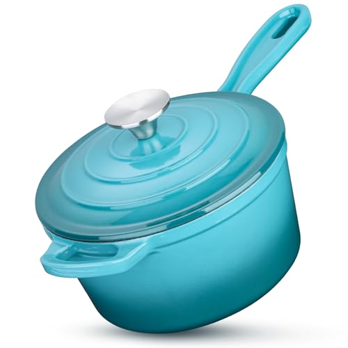 HaSteeL 1 QT Cast Iron Saucepan, Mini Enamel dutch oven with lid, Small Non Stick Pan for Milk, Pasta Tomato Sauce, Butter, Breakfast, Soup, Suitable for Boiling Stewing Frying, Easy to Clean, Green