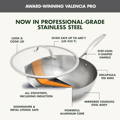 GreenPan Valencia Pro Tri-Ply Stainless Steel 2.5QT Chef's Pan with Lid, Induction Ready Cookware, All Cooktops, Sauce Pot, Mirror Finish, Dishwasher & Oven/Broiler Safe to 600F