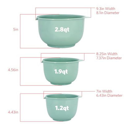 Glad Mixing Bowls with Pour Spout, Set of 3 | Nesting Design Saves Space | Non-Slip, BPA Free, Dishwasher Safe Plastic | Kitchen Cooking and Baking Supplies, Sage Green