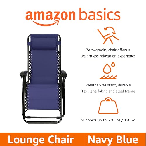 Amazon Basics Outdoor Portable Zero Gravity Reclining Lounge Chair with Headrest Pillow, Textilene, Lightweight, 26", Blue