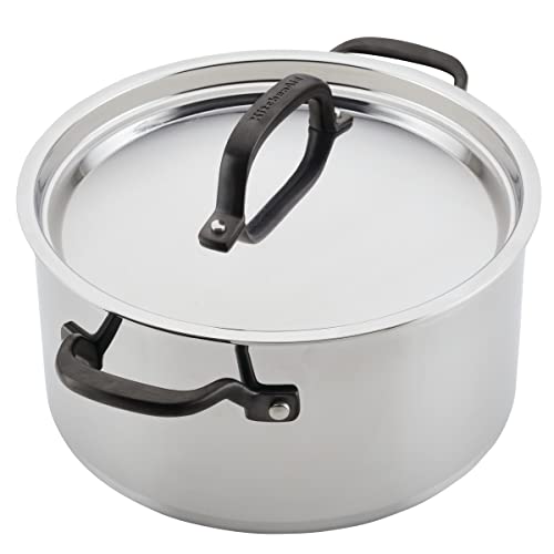 KitchenAid 5-Ply Clad Polished Stainless Steel Stock Pot/Stockpot with Lid, 6 Quart - Stainless Steel