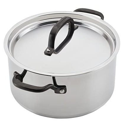 KitchenAid 5-Ply Clad Polished Stainless Steel Stock Pot/Stockpot with Lid, 6 Quart - Stainless Steel