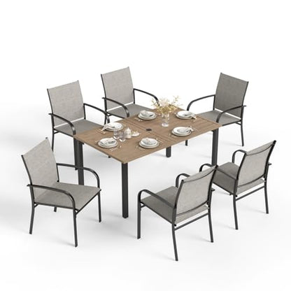 HERA'S HOUSE Patio Table and Chairs for 6, 7 Pieces Outdoor Deck Dining Sets, Wood-Like Rectangular Metal Table Set with Chairs for Lawn Garden Backyard, Brown