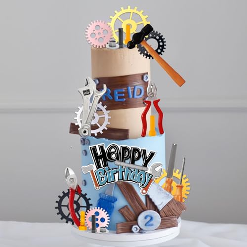 UFROMSKY 23pcs Tools Cake Toppers Toolbox Gear Wrench Hammer Drill Plier Cake Decorations with Happy Birthday Topper, for Boys Screwdrivers Themed Party Supplies