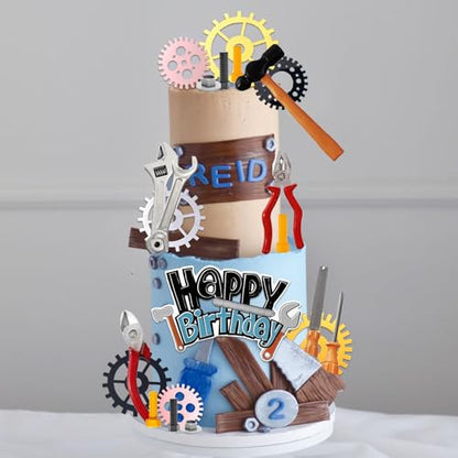 UFROMSKY 23pcs Tools Cake Toppers Toolbox Gear Wrench Hammer Drill Plier Cake Decorations with Happy Birthday Topper, for Boys Screwdrivers Themed Party Supplies