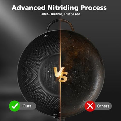 Todlabe 13-Inch Carbon Steel Wok Pan with Glass Lid, Naturally Nonstick Pre-Seasoned Woks & Stir-Fry Pans, No Chemical Coating, Flat Bottom for Induction, Gas, Electric, Halogen & All Stoves