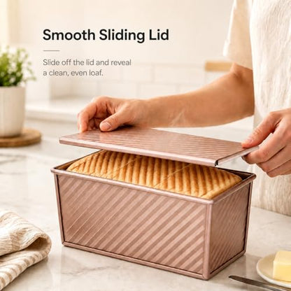 Spmarkt Pullman Loaf Pan with Lid, Aluminized Steel 1 Lb Nonstick Sandwich Bread Pan for Homemade Bread, 8.4x4.8 Inch Professional Rectangular Loaf Pan with Dough Scraper and Cutter