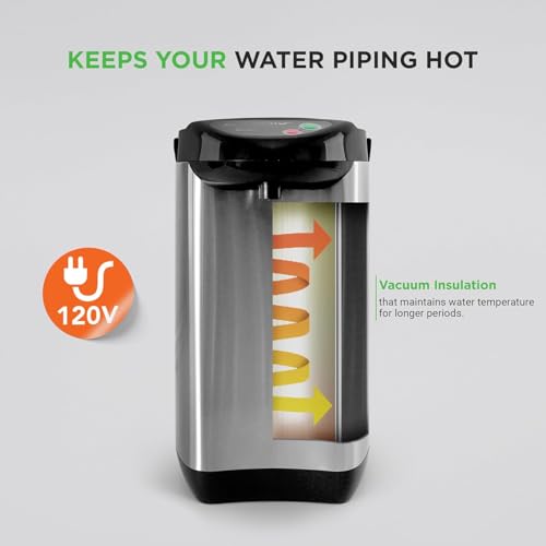 NutriChef Hot Water Urn Pot 3.38 QT, Insulated Stainless Steel Hot Water Dispenser & Boiler, Auto & Manual Dispense, Safety Lock, Electric Kettle