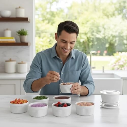 Ceramic Ramekins 6 Oz White Set of 6 | Oven, Microwave & Dishwasher Safe Porcelain Souffle and Creme Brulee Cups for Custard, Pudding, Dips & Individual Desserts, Thick Wall Heat Resistant Construction