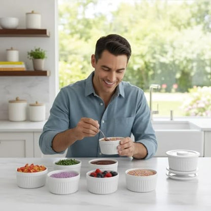 Ceramic Ramekins 6 Oz White Set of 6 | Oven, Microwave & Dishwasher Safe Porcelain Souffle and Creme Brulee Cups for Custard, Pudding, Dips & Individual Desserts, Thick Wall Heat Resistant Construction