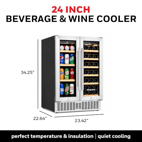 Honeywell 24 Inch Dual Zone Compressor Wine Cooler Refrigerator & Beverage Cooler,Large Freestanding Wine Cellar For Red,White,Champagne or Sparkling Wine,Digital Temperature Control,Stainless Steel