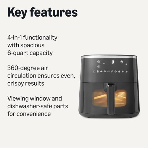 Amazon Basics 6-Quart Digital Air Fryer with Easy View Window, 8 Preset Menus, Digital Touch Panel, Ceramic Nonstick Coating, 140°F-400°F Temperature Range, 1550W, Black