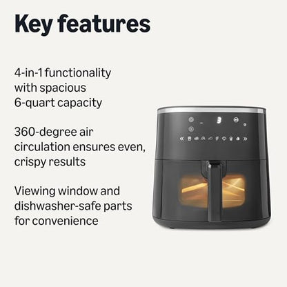 Amazon Basics 6-Quart Digital Air Fryer with Easy View Window, 8 Preset Menus, Digital Touch Panel, Ceramic Nonstick Coating, 140°F-400°F Temperature Range, 1550W, Black